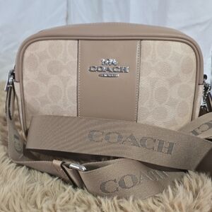 Coach Tan Signature Canvas Messenger Bag with Leather Trim